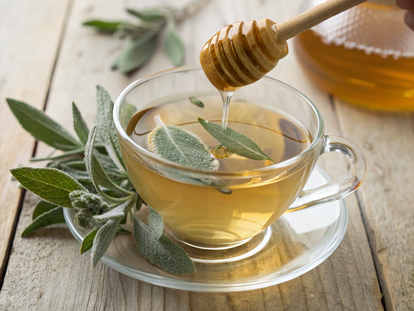 Chamomile tea served in a ceramic mug with a honey dipper