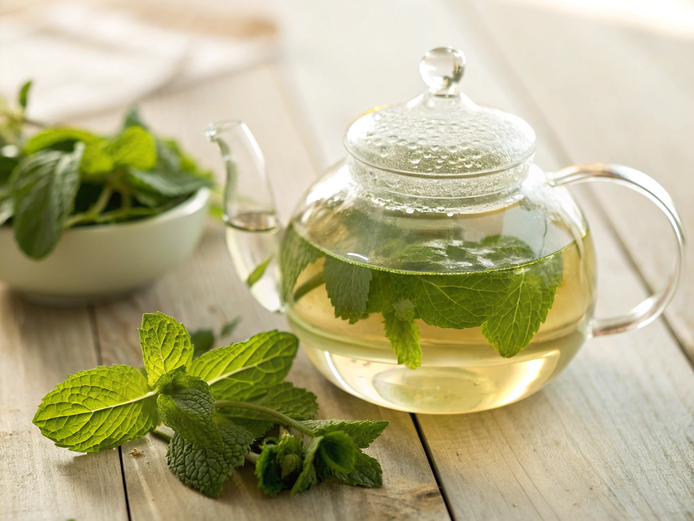 Fresh herbal tea in a glass teapot with sprigs of rosemary and mint