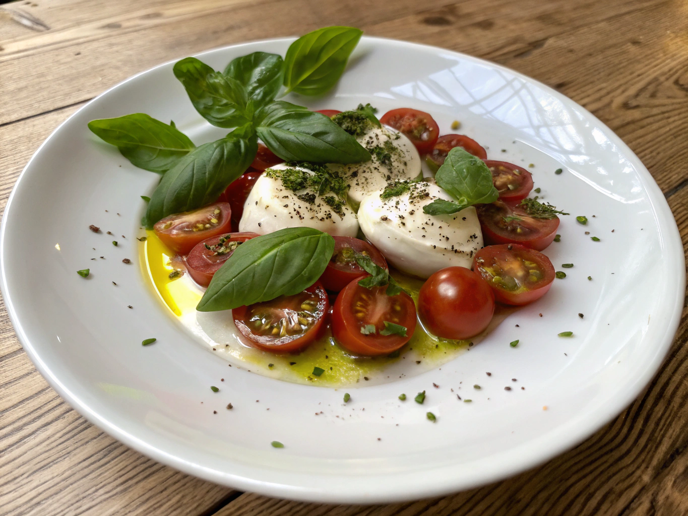 Modern Italian dish being finished with olive oil in kitchen
