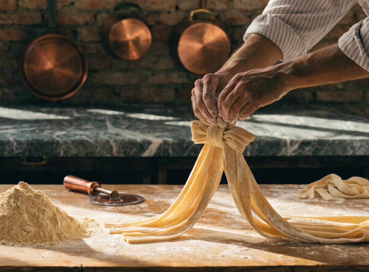 Chef hands dusting flour over fresh golden egg pasta ribbons