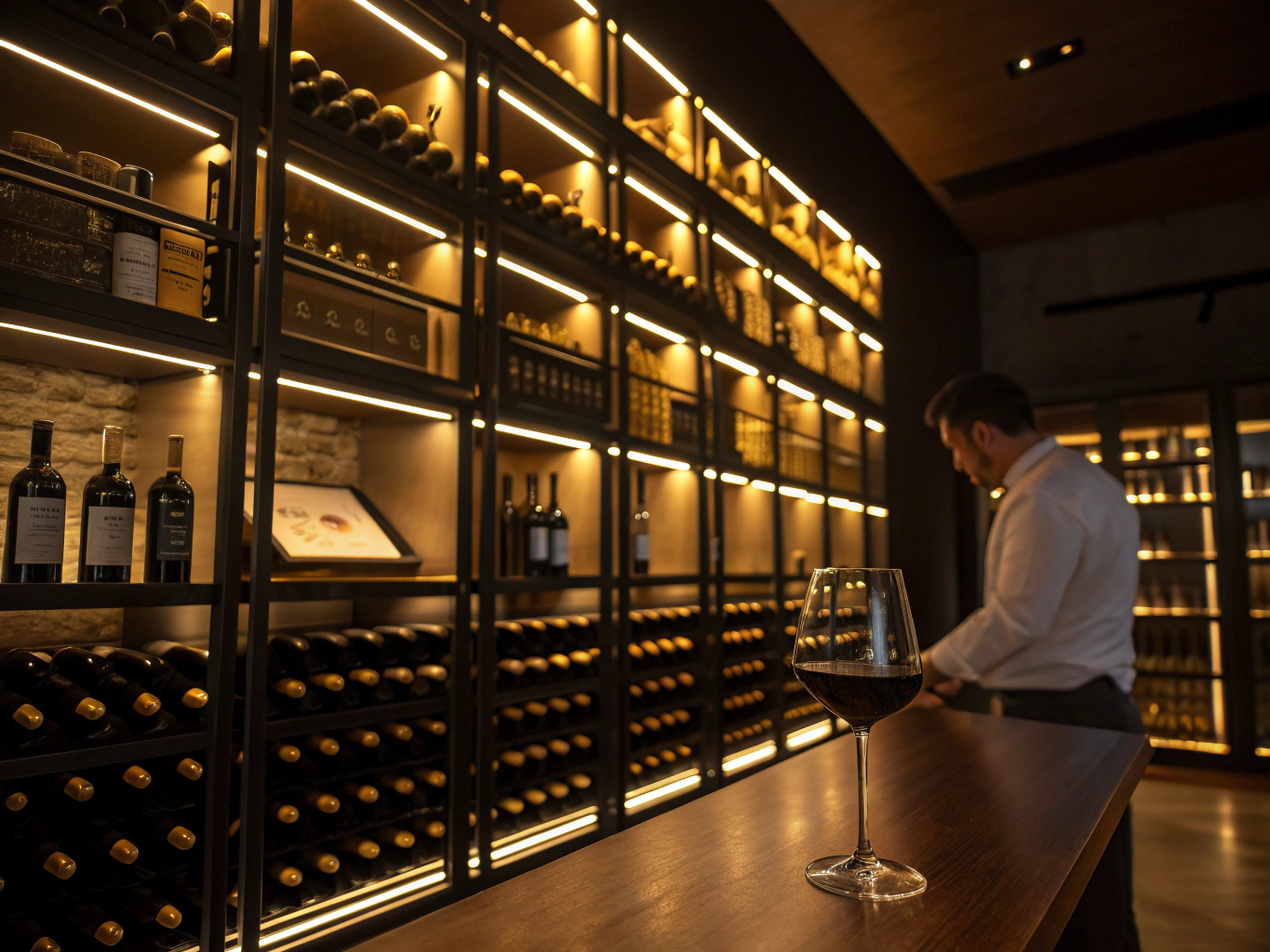 Head Sommelier Elena Moretti selecting a vintage wine in our cellar